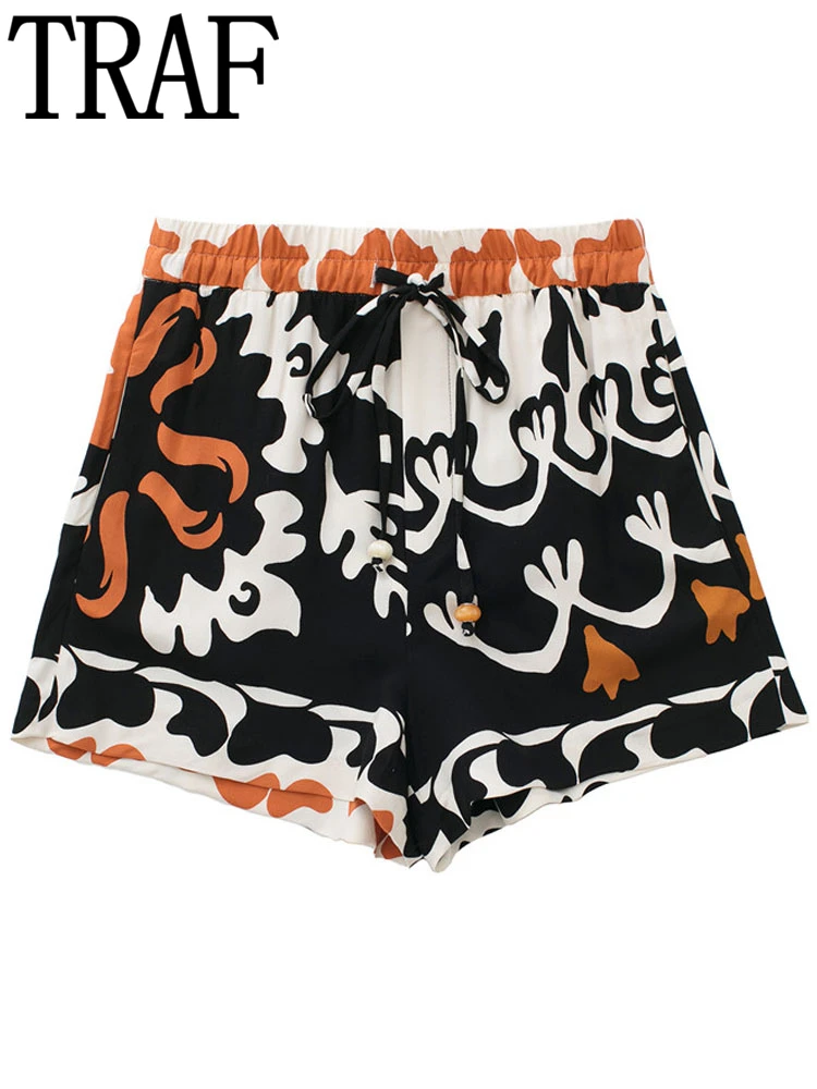 

TRAF 2022 Print Shorts Women Mid-Waist Casual Shorts Sets Fashion Elastic Waist Short Pants Woman Summer Loose Beach Shorts