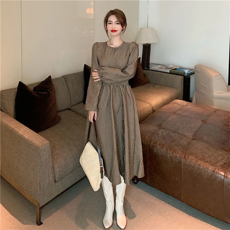 

Женское длинное платье с пышными рукавами, однотонное элегантное винтажное платье-трапеция с высокой талией в Корейском стиле, осень 2023