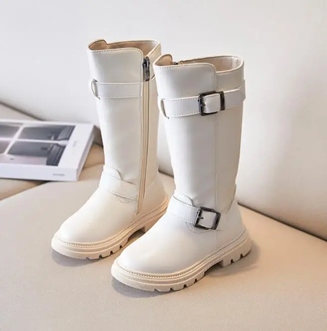 

Winter 2022 White Kids Fashion Boots Children Solid Buckle and Side Zip Knee-high Snow Boots for Girls Leather Princess Boots