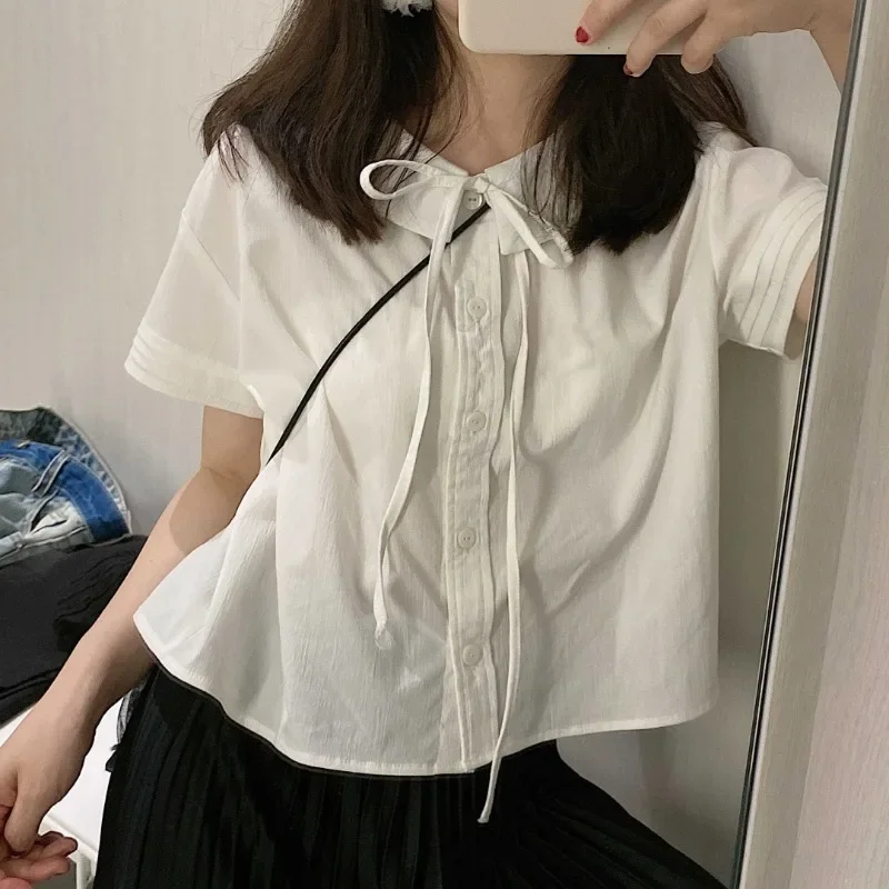 Корейские бандажные белые рубашки Camisa с короткими рукавами свободные воротником