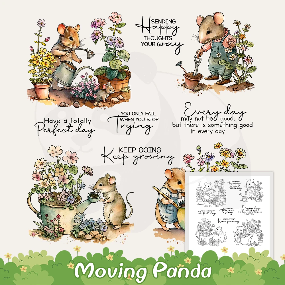 

Cute Mouse Planting Flowers Metal Cutting Dies Clear Stamp DIY Scrapbooking Supplies Dies Silicone Stamps For Cards Albums Craft