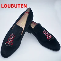 loubuten fashion black velvet loafers embroidery snake pattern slip on casual shoes for men handmade male smoking slippers