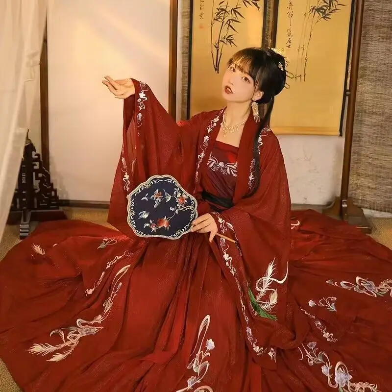 

Женское традиционное платье Hanfu с вышивкой, Женский карнавальный костюм Hanfu на Хэллоуин, черно-красное платье для женщин