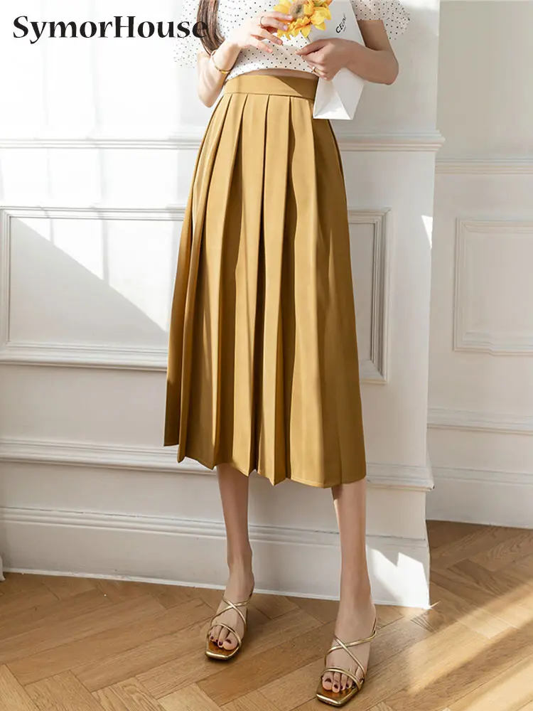 

2022 Women's Elegant High Waist Pleated Suit Skirts Casual Fashion Office Ladies Elastic Waist A-line OL Midi Skirt Vintage