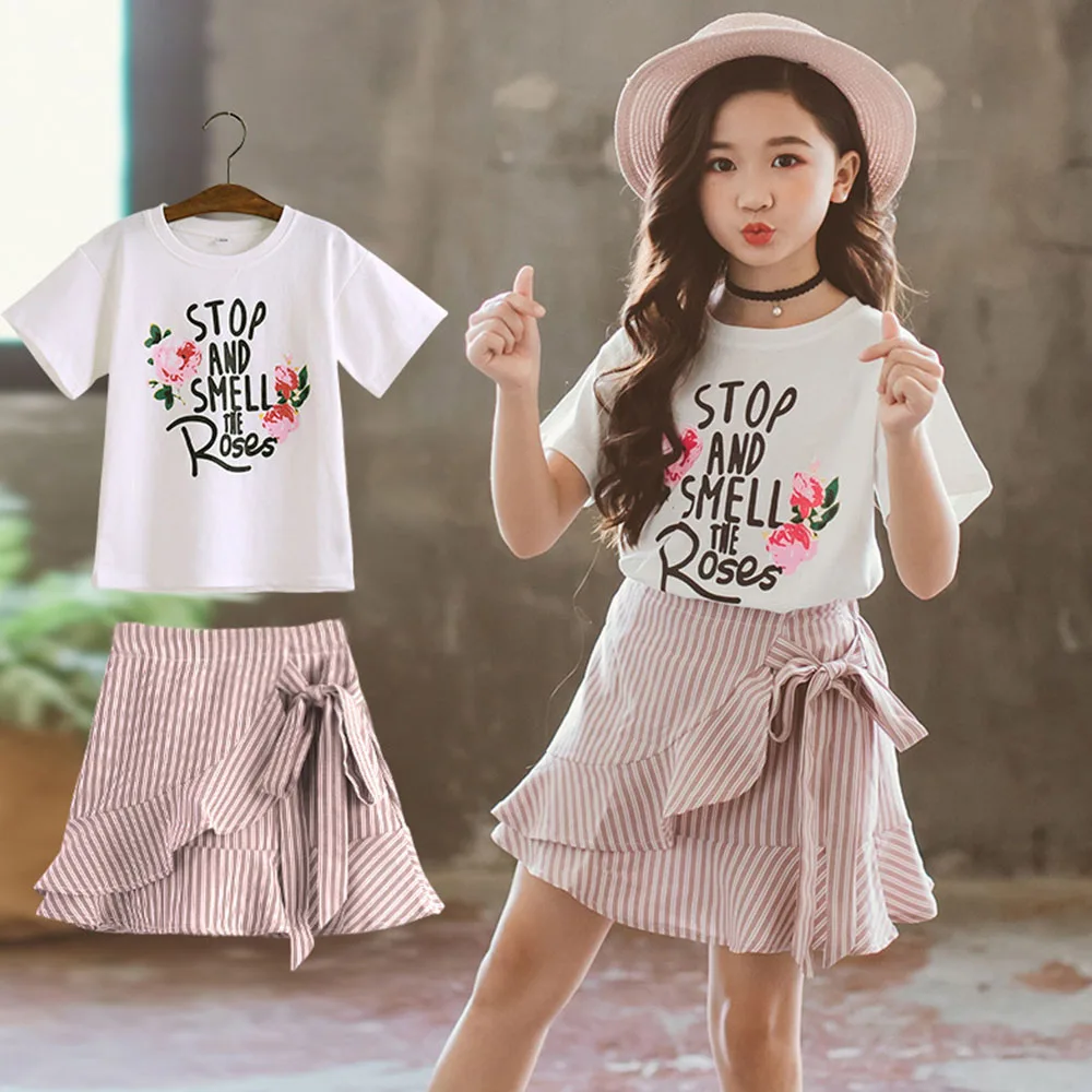 

Korean Style Casual Teens Girls Clothing Sets New Teen Girls Floral Top + Stripe Skirt 2Pcs Set 4-13 Year Children Clothing Suit