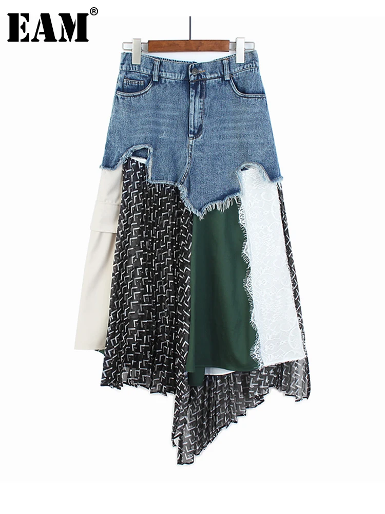 

[EAM] High Elastic Waist Blue Pattern Printed Irregular Denim Long Half-body Skirt Women Fashion New Spring Autumn 2022 1DE9644