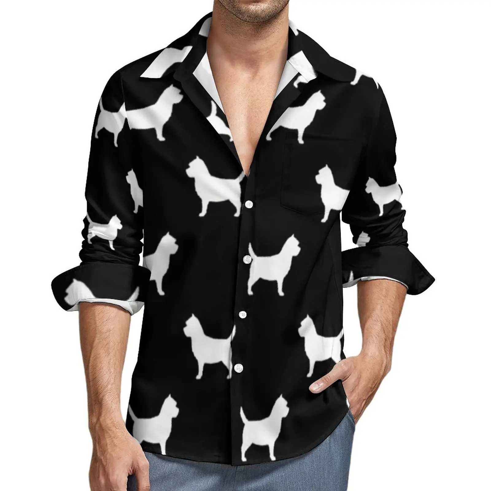 

Рубашка с животным силуэтом, мужские повседневные рубашки с принтом собак, Осенние блузки с забавным дизайном, крутой Топ с длинным рукавом, большой размер, подарок