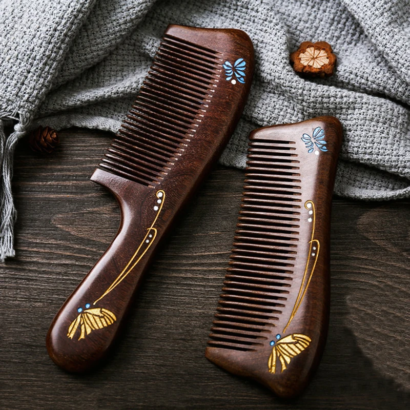 

1Pcs Massage Combs Natural Gold Sandalwood Dense Tooth Butterfly Painted Wood Comb Head Massager Pocket Hair Comb Gift For Women