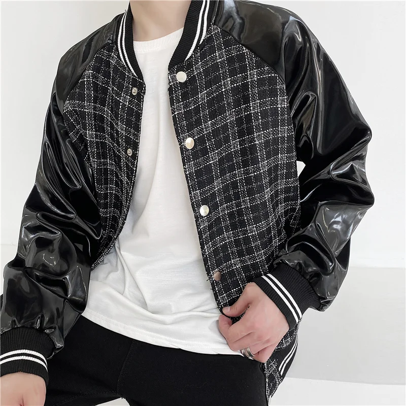 

Black Leather Jacket Men Fashion Casual Retro Plaid Baseball Jacket Men Streetwear Loose Hip Hop Bomber Jackets Mens Outwear