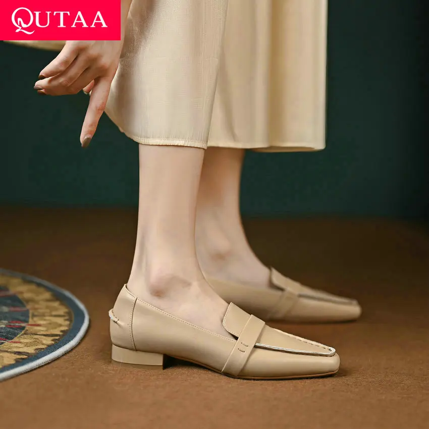 

QUTAA/2023 г. Классические женские туфли-лодочки Женская Повседневная офисная обувь из натуральной кожи на низком каблуке, весна-лето Модные женские туфли, размеры 34-39