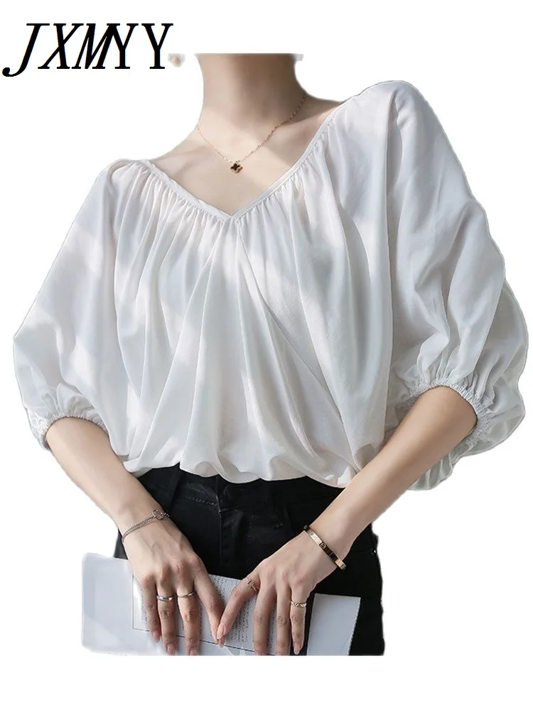 

Женская шифоновая рубашка JXMYY с коротким рукавом, Новинка лета 2021, маленькая рубашка, характерный женский топ с V-образным вырезом и открытым...