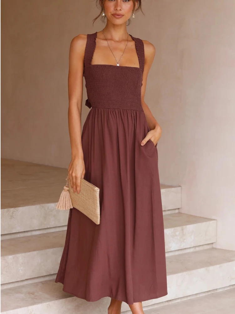 

Summer Women's Dress Fashion Temperament Casual Solid Color Cotton and Hemp Fold Elastic Waist Cross Strap Women's Strap Dress