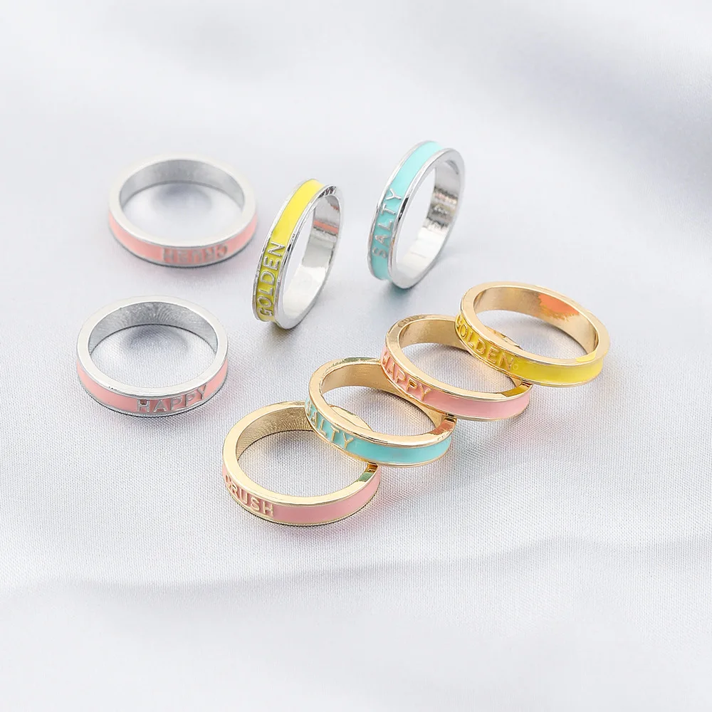 

Fashion Exquisite Gift Engraved Letter Colorful Dripping Oil Plain Ring Engagement Rings for Women Jewelry Wholesale New