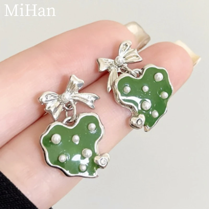 

Fashion Jewelry 925 Silver Needle 2023 Trend New Green Color Bowknot Heart Earrings For Women Wedding Gifts Sweet Design