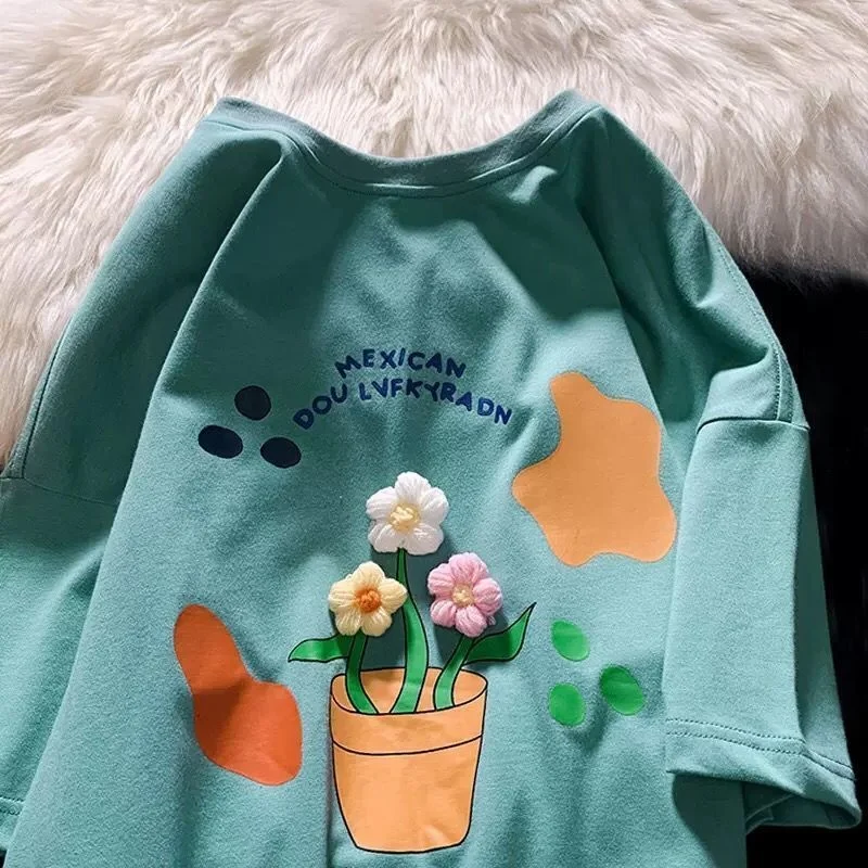 Женская хлопковая футболка с коротким рукавом свободные дизайнерские милые топы