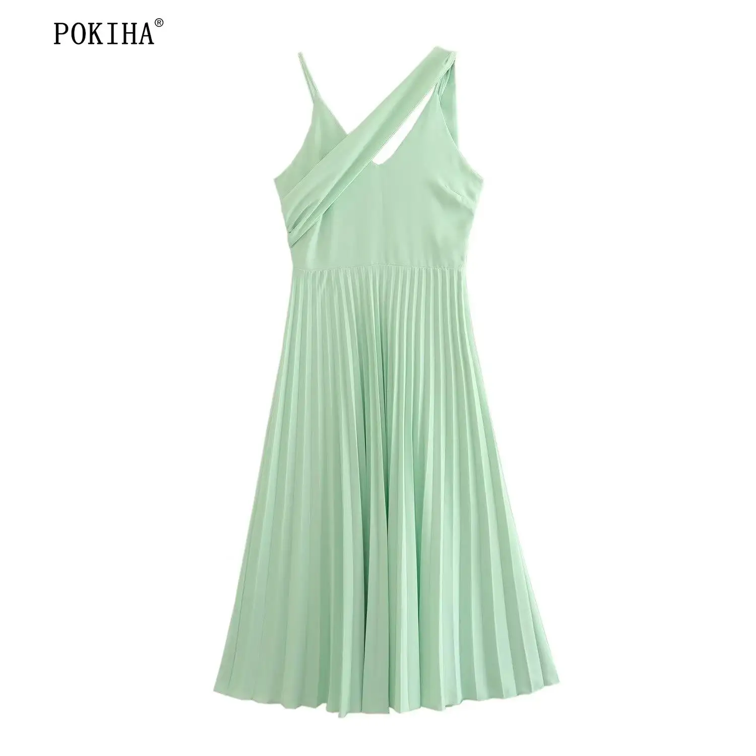 

Pokiha модное женское однотонное Плиссированное асимметричное дизайнерское платье средней длины на бретельках элегантное вечернее платье без рукавов