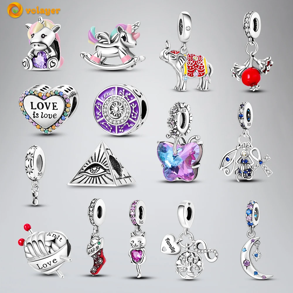 Volayer 925 Sterling Silver Beads Pyramid Unicorn Moon Christmas Gift Socks Butterfly Charms fit Original Pandora Bracelets