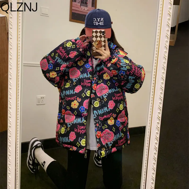 Winter Jacket Woman Cute Print Cotton Padded Quilted Jacket Ladies Warm Hooded Parkas Harajuku Casual Long Sleeve Bubble Coats