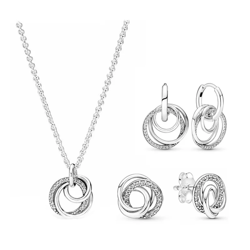 

New Round Eternal Light Surround Heart Stud Earrings Necklace Chain Joyas Conjuntos Plata De Ley 925 Autentica Fine Jewelry