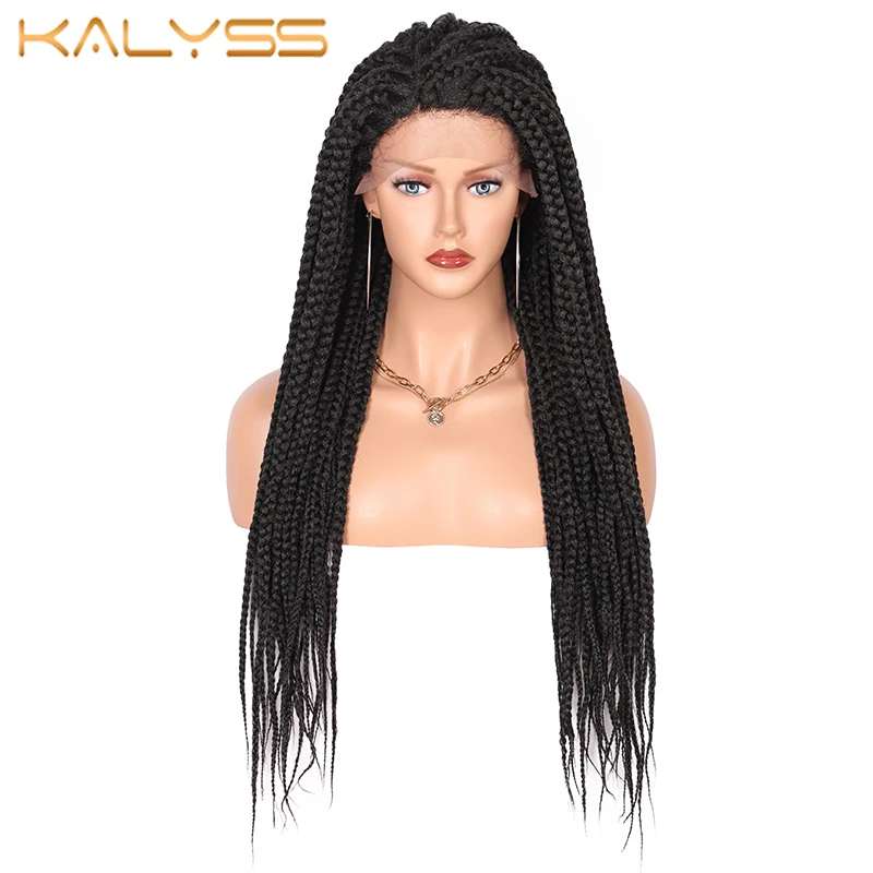 Kalyss 28 Inches Braided Lace Front Synthetic Wig With Baby Hair Black African Side Part  Box Braids Wigs for Black Women