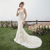 exquisite v neck sleeveless lace appliques mermaid wedding dress for bride 2022 sexy wide backless floral pattern robe de mari%c3%a9e