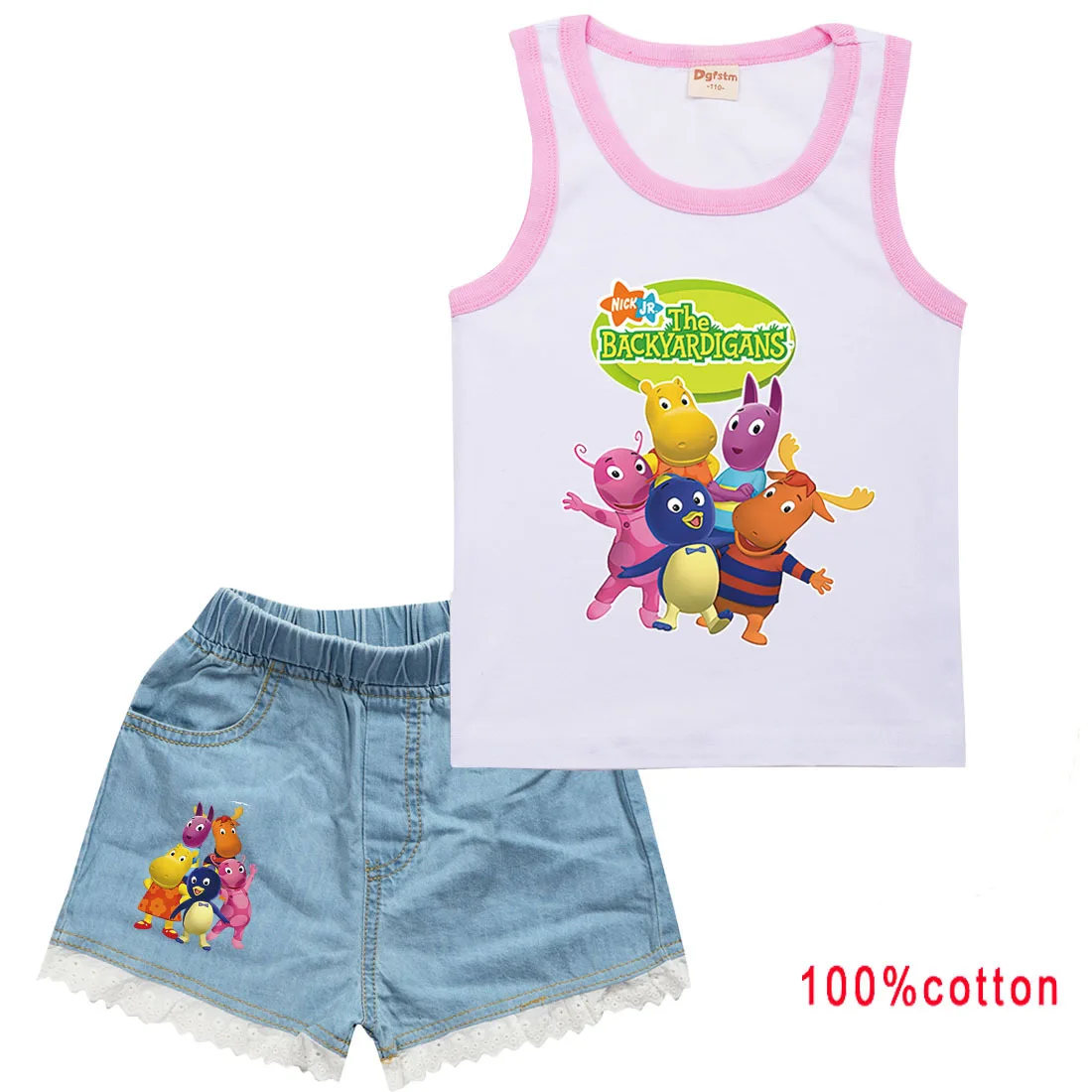 Cute Backyardigans Clothes Kids Sleeveless Tshirt+denim Short 2pcs Sportsuits Boys Summer Tracksuit Toddler Girls Casual Outfits