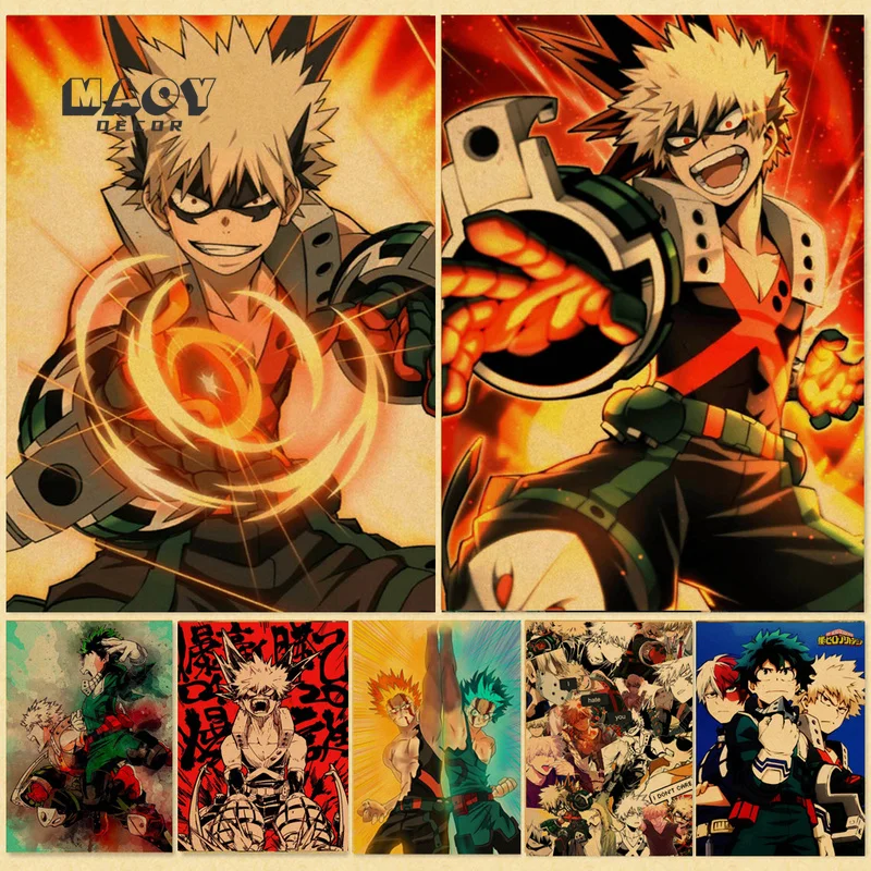 

Janpnese Anime Frame Posters My Hero Academia Bakugo Retro Kraft Wall Paper High Quality Painting for Home Decor Wall Stickers