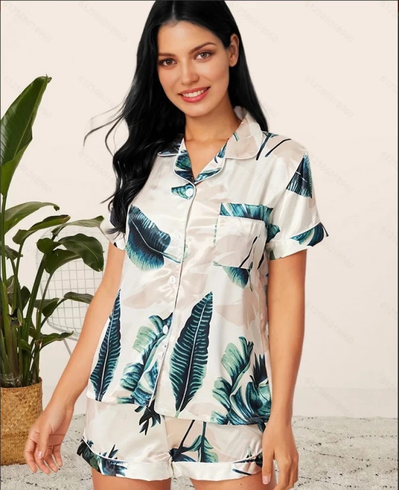 Womens Pajamas Sets Satin Silk Striped Pyjamas Famale Pijamas Pocket 2 Piece PJ Set Loungewear Short Sleeve Shorts Sleepwear