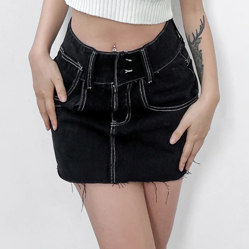 

Юбка-трапеция джинсовая трапециевидная для девушек, пикантная яркая облегающая юбка из денима с необработанными краями, новая короткая, ле...