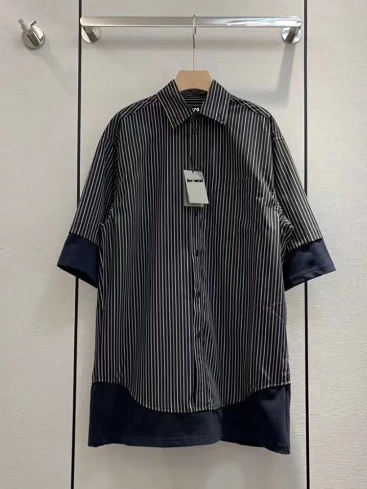 

Bearomad Runway Designer Summer vintage Striped Shirt women Turn-down Collar Short Sleeve Single Breasted Straight Casual Shirt