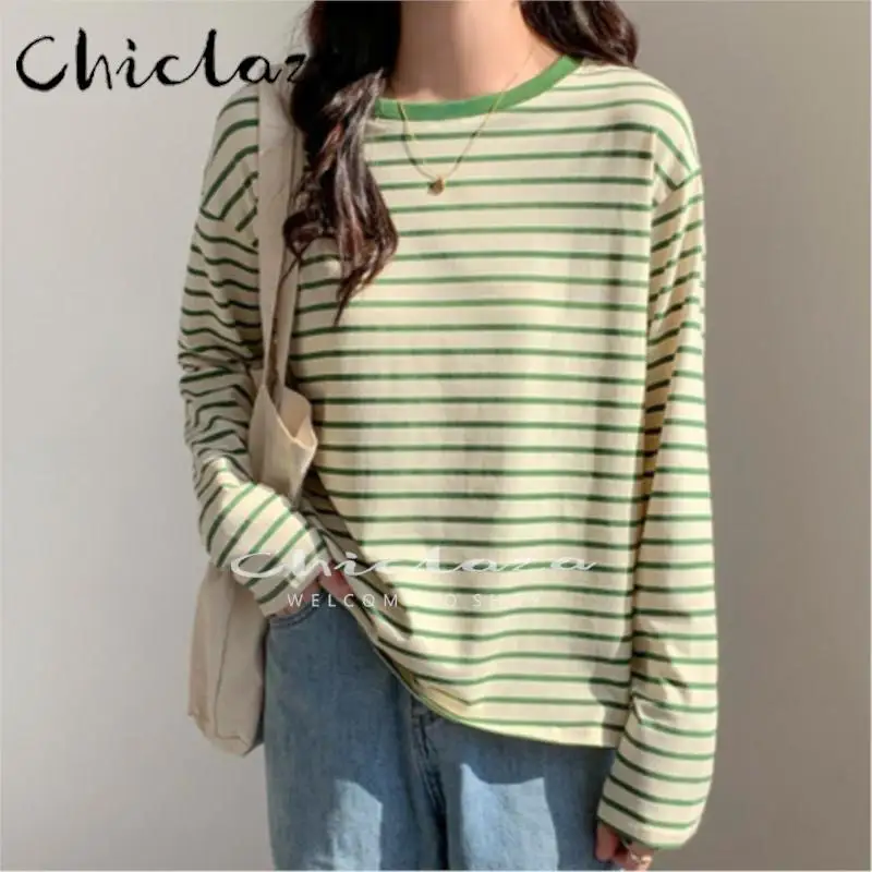 

CHICLAZA 2022 Spring Autumn Women Fashion O-Neck Long Sleeve Striped T-Shirt Female Loose Tee Tops