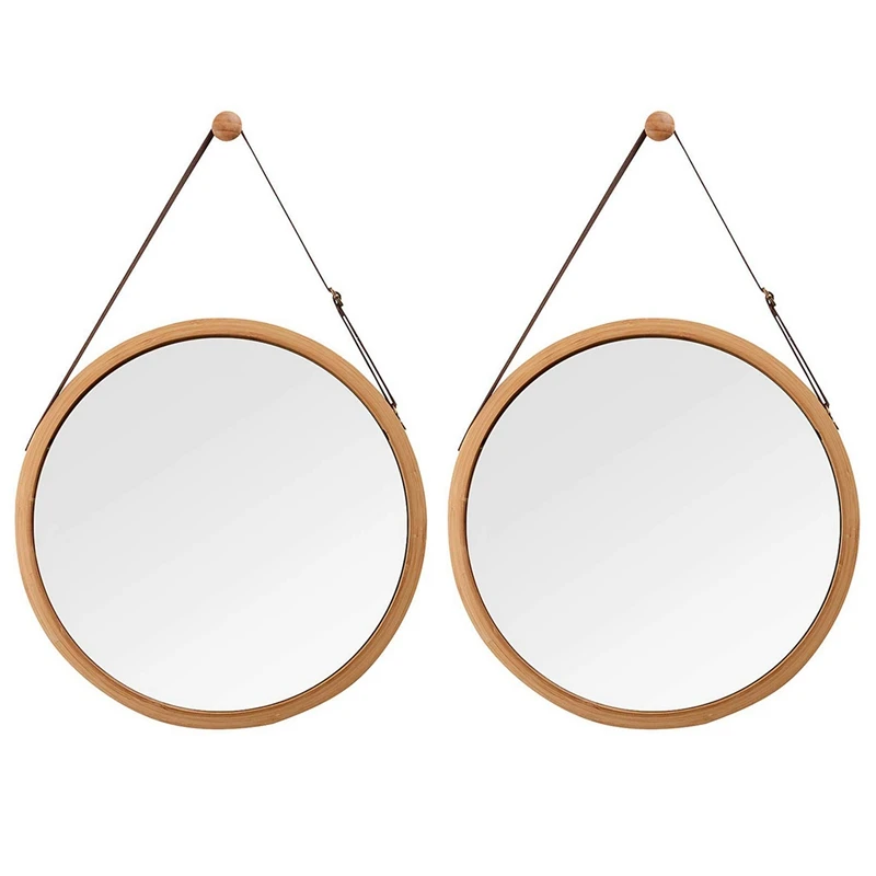 

2 х подвесное круглое настенное зеркало в ванной и спальне-прочная бамбуковая рама и регулируемый кожаный ремешок (бамбук, 15 дюймов)