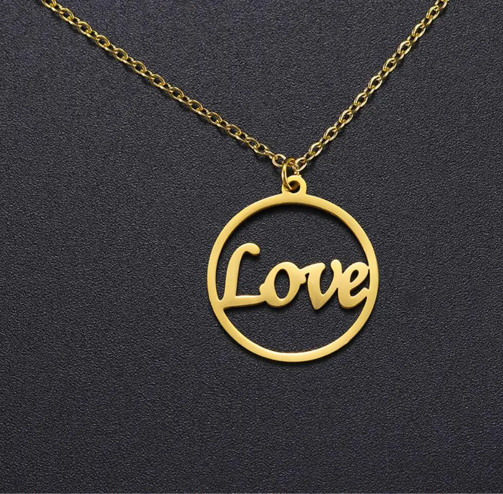 

1PC Classic Round Pendant Necklace Love Gold Color Stainless Steel Choker Chain Necklaces for Women Girls F1536