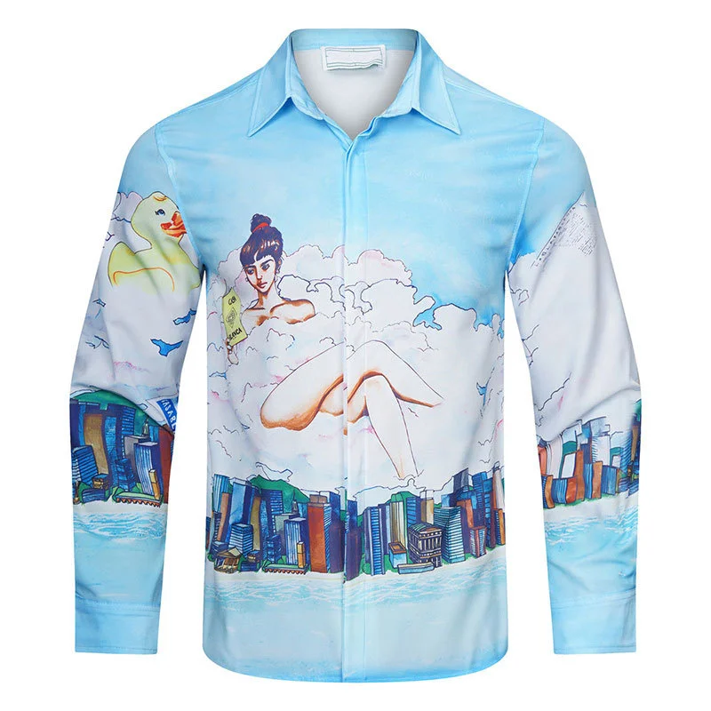 

Fall 2023 Men Hawaiian Shirt Chemise Homme Holiday Style Mediterranean Tide Brand Long Sleeved Shirt Casual Print Loose Shirts