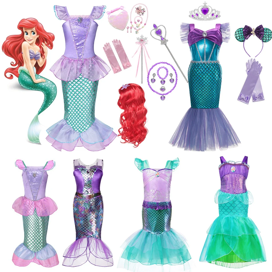 Disney Mermaid Girl Little Princess Arier Dress Cosplay Costume Children Halloween Clothes Fancy Dress for Girls Party Prom