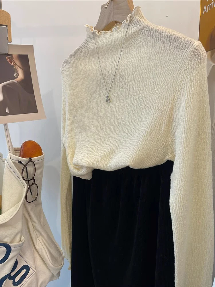 Apricot Half-high Collar Mid-Collar Wool Knitting Bottoming Shirt Women Winter Autumn and High Sense Inner wear Slim f...