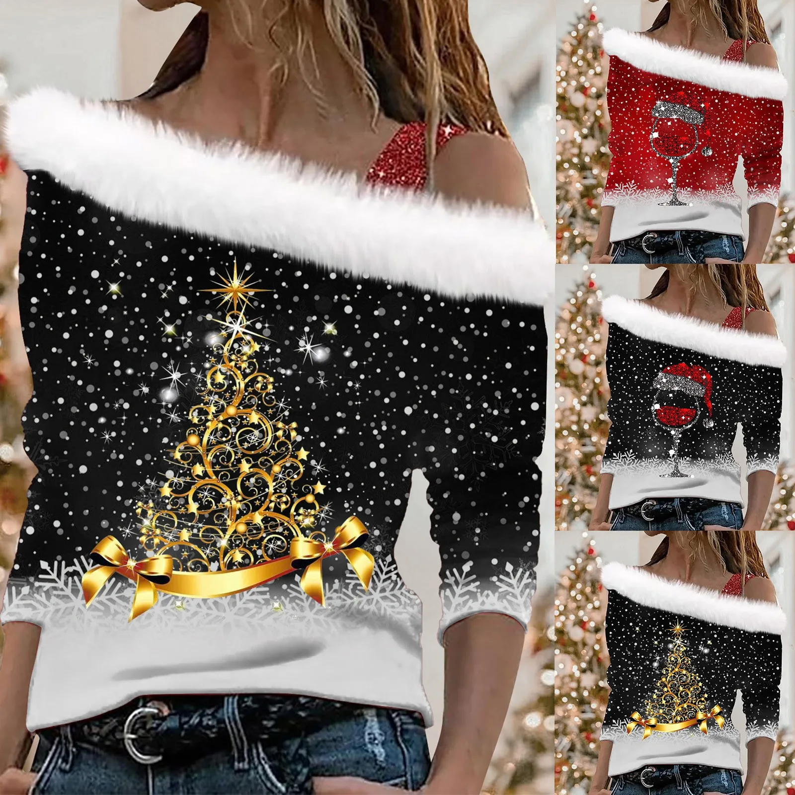 

Women Christmas Print Blouse Fashion One Cold Shoulder Fur Collar Sequin Strap Shirts Casual Long Sleeve Tops New Year Pullover