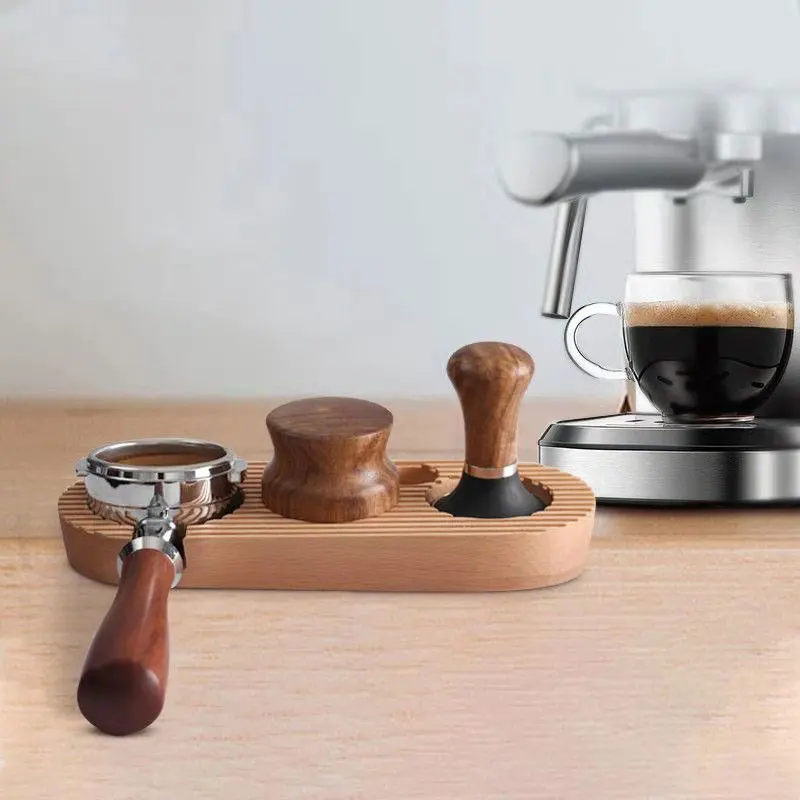 Wooden 51 58 mm Portafilter tamper holder Coffee Cafe Station Espresso Power Press Hammer Distribution Tools Mat