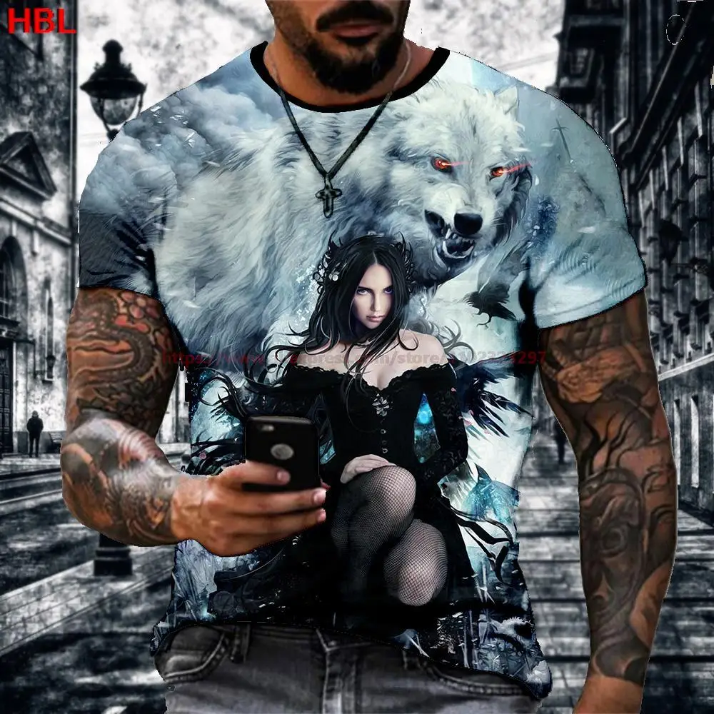 

Beauty and Wolf Print New Summer Men's T-Shirt Short Sleeve Harajuku Fashion Casual Sports Top O-Neck Super Large