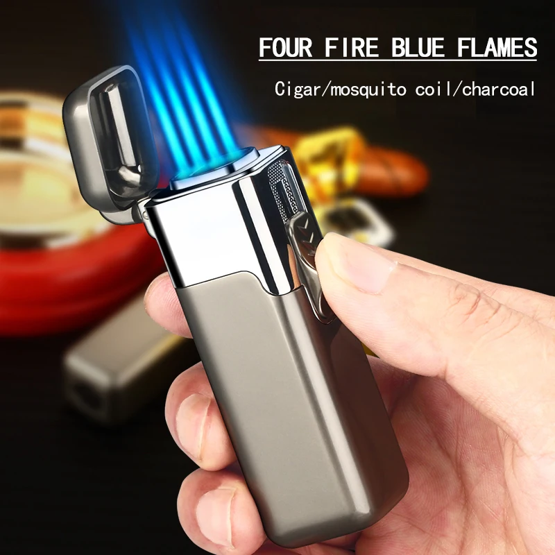 

HOT Powerful Quad Flame Direct Punch Outdoor Windproof Turbo Lighter Portable Metal Cigar Ignition Accessories Men's Gadgets