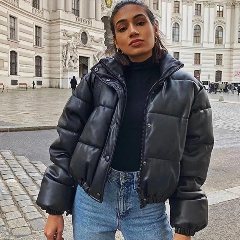 2022 Warm Thick PU Leather Coats Women Winter Short Parka Fashion Black Cotton Lady Down Jacket Casacos Feminino Camperas Mujer