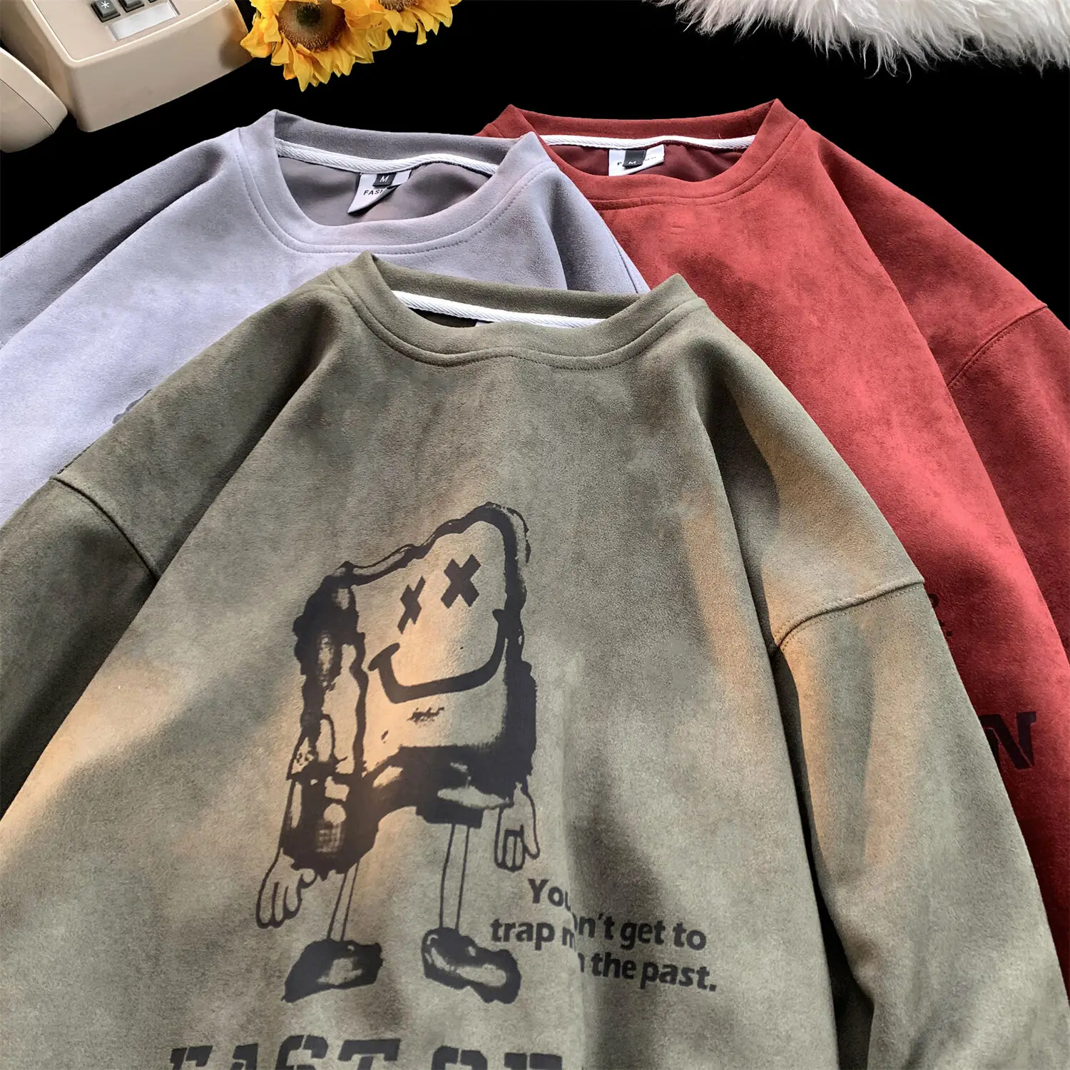 

Свитшот женский с круглым вырезом, модный брендовый Свободный пуловер оверсайз с мультяшным графическим принтом, качественная замшевая ткань, топы