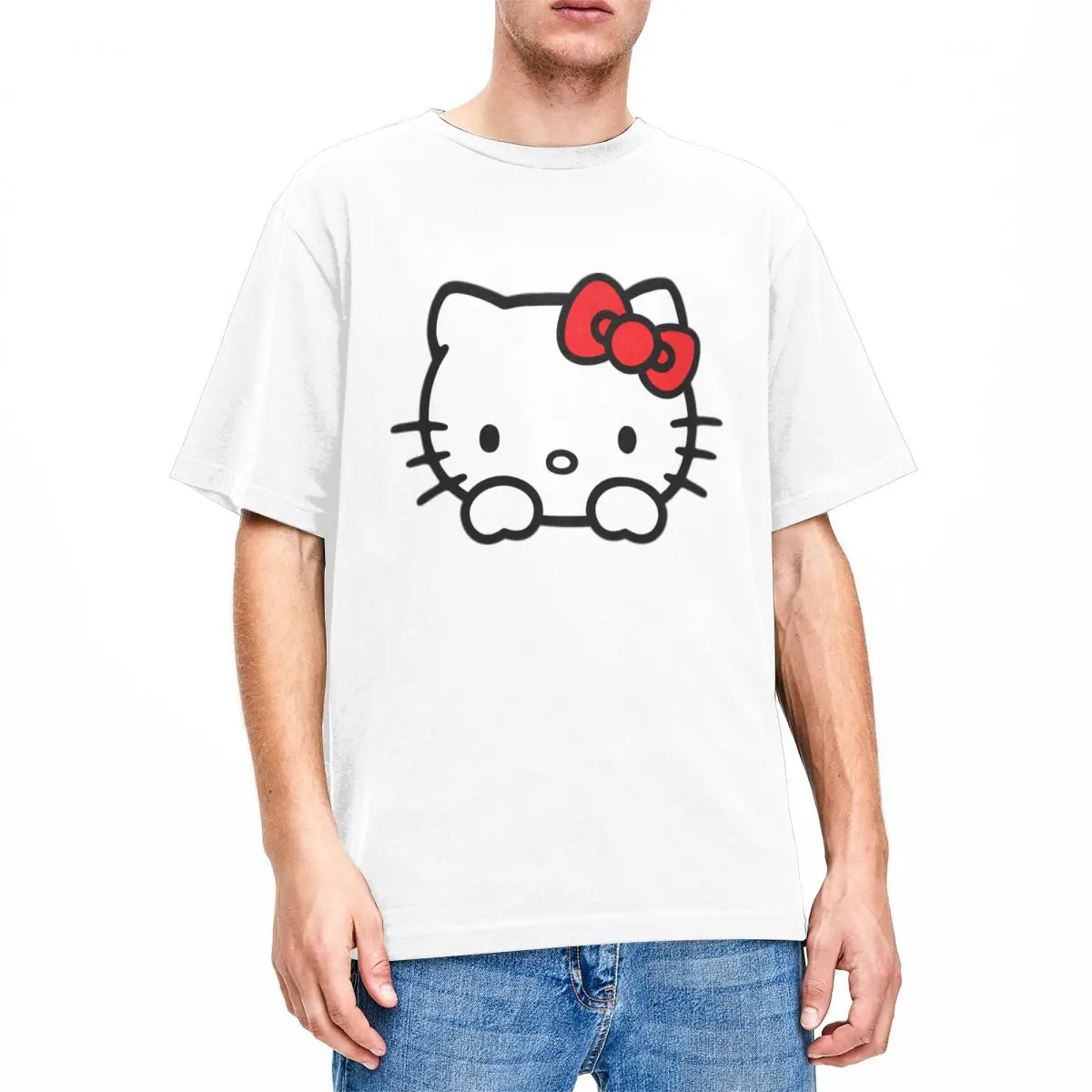 Мужские футболки с красным мультфильмом Hello Kitty хлопковые топы летняя