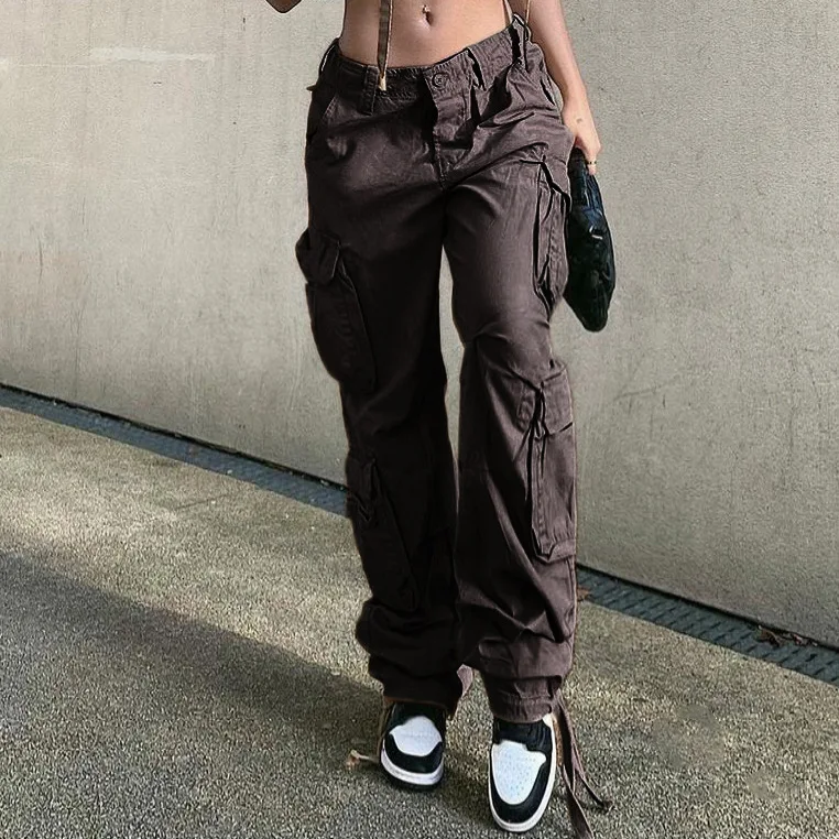 Retro Washed Distressed Denim Trousers Women Fashion Streetwear Loose Cargo Pants Multi Pockets Mid Waist Cargo Jeans Bottoms