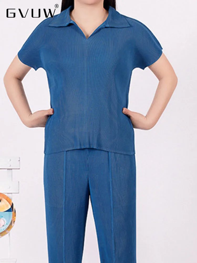 

GVUW Casual Short Sleeve Pleated T-shirts For Women Lapel Solid Color Elegant Slim Fit Clothing 2023 New Spring Female 17J0110