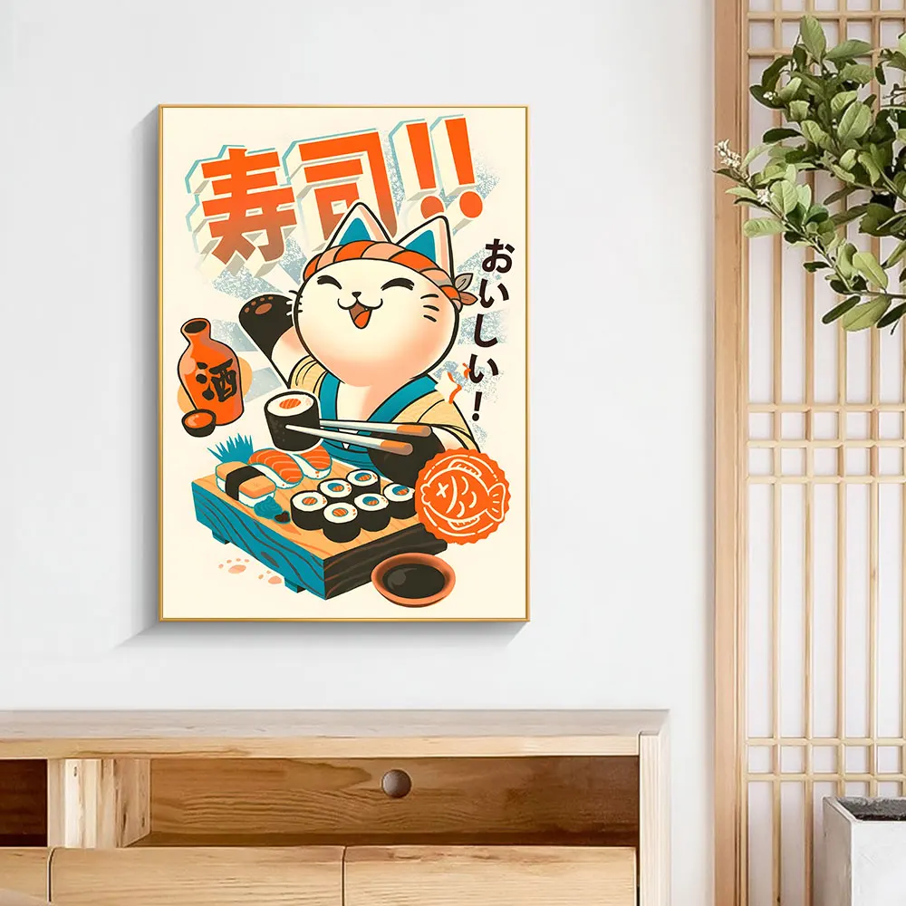 

Japanese Sushi Cat Poster Canvas Painting Animal Cartoon Image Chef Vintage Picture Art Wall for Kitchen Home Decor Gift Cuadros