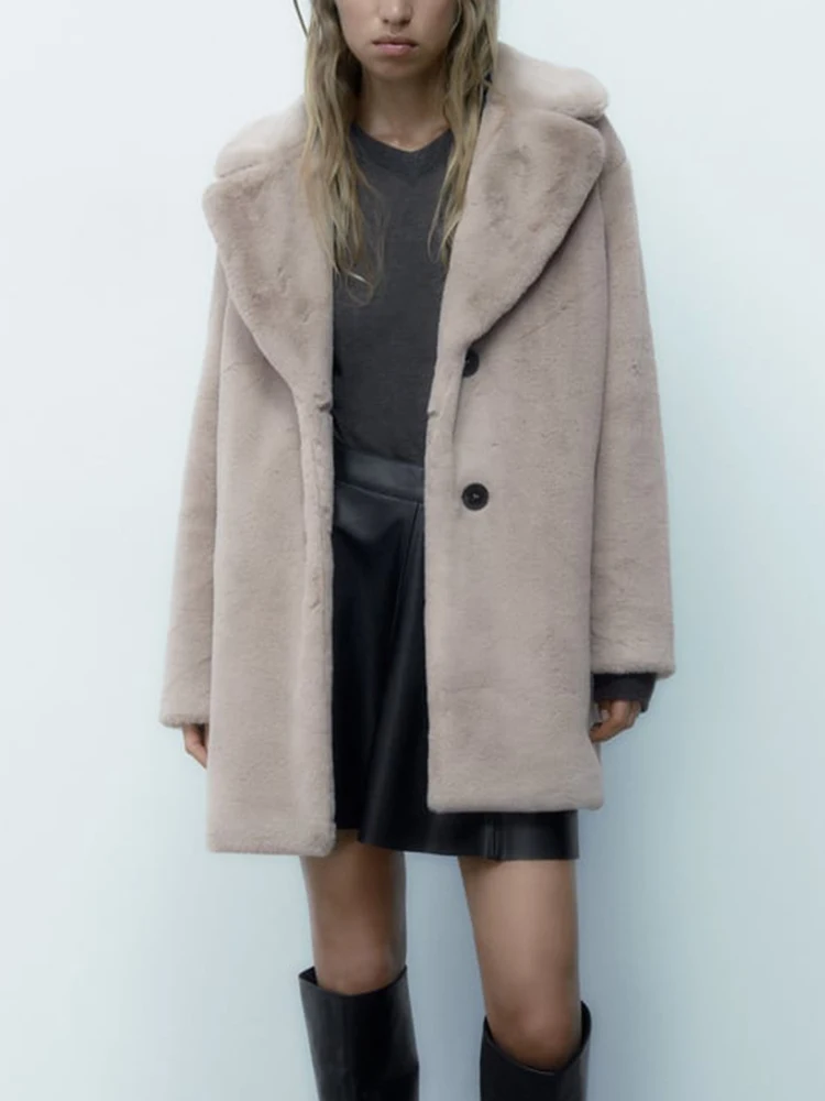 

TRAF Winter 2022 Women New Solid Artificial Fur Effect Jacket Coat Fashion Warm Long Overcoat Ladies High Street Thick Tops