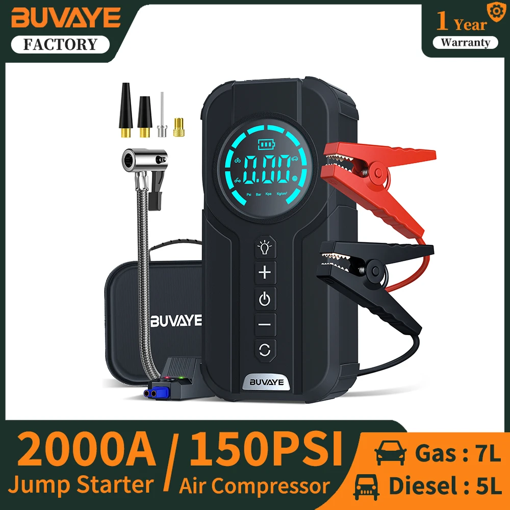 Воздушный компрессор BUVAYE Jump Starter со светодиодной подсветкой Power Bank Портативный