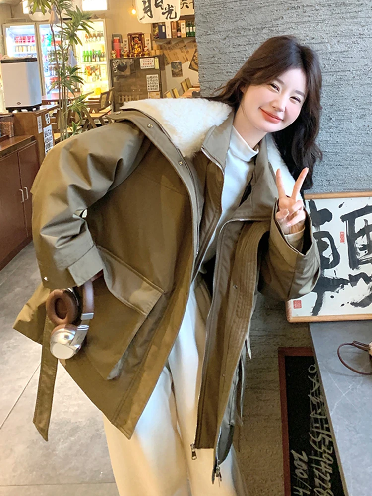Lamb Wool Large Lapel Cargo Parker Down jacket Mid-Length Women 2024 Winter Korean Sle Loose Waist Hugging Thickened Outerwear