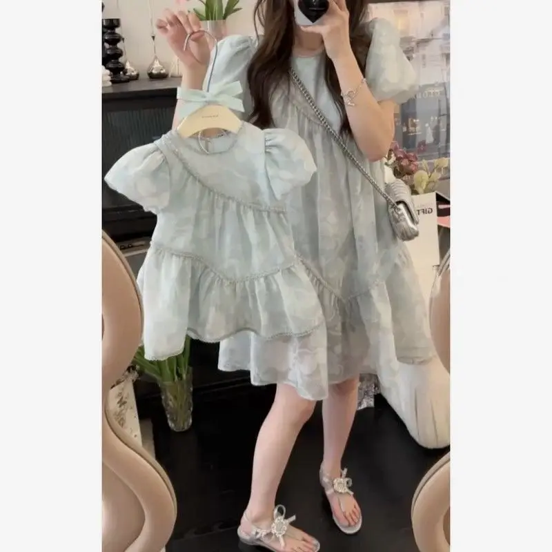 

Summer Mom and Daughter Dresses Solid Family Matching Clothes Mummy and Girls Princess One Piece Dress Women Elegant Clothing